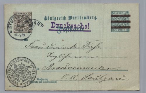 Württemberg Ganzsache - Versicherungsanstalt Stuttgart nach Braunweiler 1909