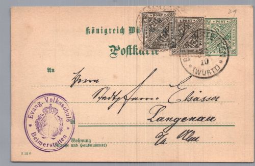 Württemberg Ganzsache + ZuFr - Beimerstetten nach Langenau 1910