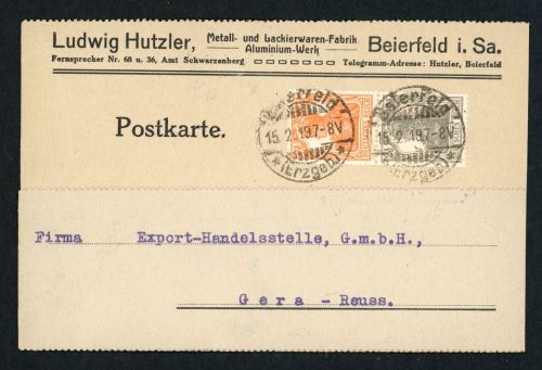 Dt. Reich Zusammendruck S13 Einzelfrankatur Beierfeld n. Gera