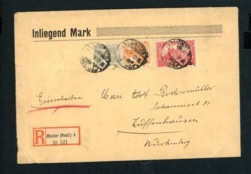 Dt. Reich Zusammendruck S11 Mischfrankatur Einschreiben Münster n. Zuffenhausen