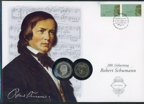 Numisbrief mit 10 EUR + 5 DM Robert Schumann 2010