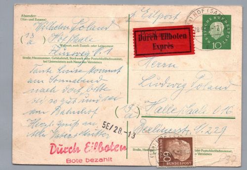 Bund Heuss Ganzsache mit ZuF Durch Eilboten 1960 - Hof nach Halle