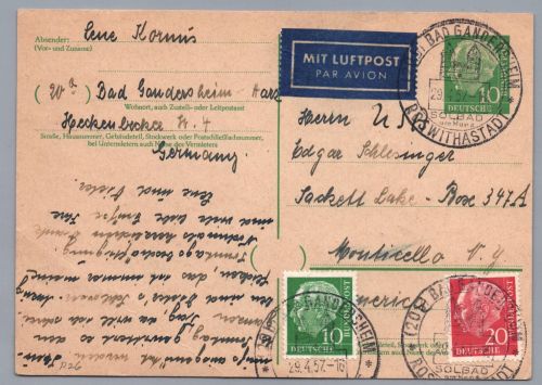 Bund Heuss USA Auslands Ganzsache mit ZuF + Luftpost n. Monticello 1957