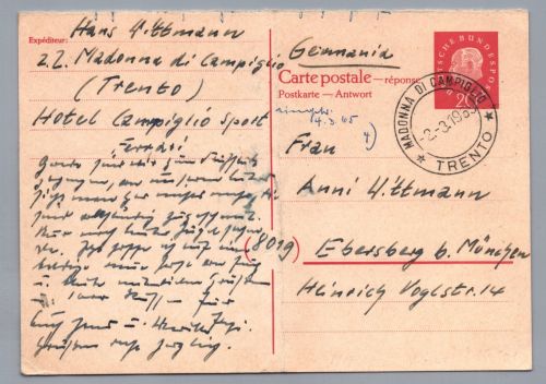 Bund Heuss Ganzsache Antwort aus Italien Madonna di Campiglio Hotel Ferrari 1965