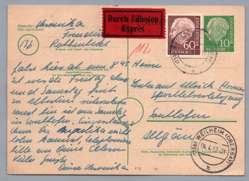 Bund Heuss Ganzsache mit ZuF Durch Eilboten 1957 - Rottenbuch nach Sonthofen