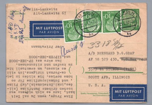 Bund Heuss Ganzsache Köln mit ZuF USA 1957 - interessanter Inhalt