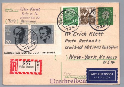 Bund Heuss Ganzsache Sulz mit ZuF postlagernd New York USA Einschreiben 1964