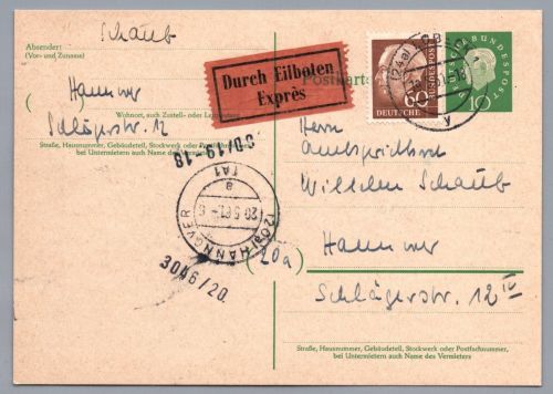 Bund Heuss Ganzsache Eilboten Lübeck nach Hannover 1961