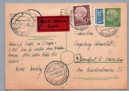 Bund Heuss Ganzsache mit ZuF - Eilboten Koblenz nach Frankfurt 1955