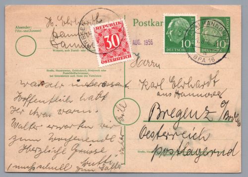 Bund Heuss Ganzsache mit ZuF - Hannover nach Bregenz Österreich 1956