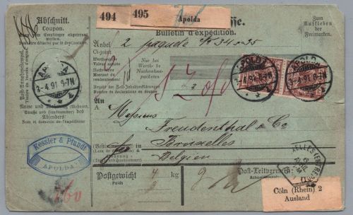 Dt. Reich Auslands Paketkarte MiNr 50 MiF 1891 - Apolda nach Brüssel Belgien