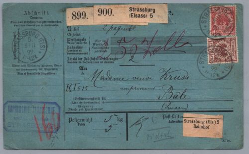 Dt. Reich Auslands Paketkarte MiNr 50 MiF 1892 - Strassburg nach Basel Schweiz