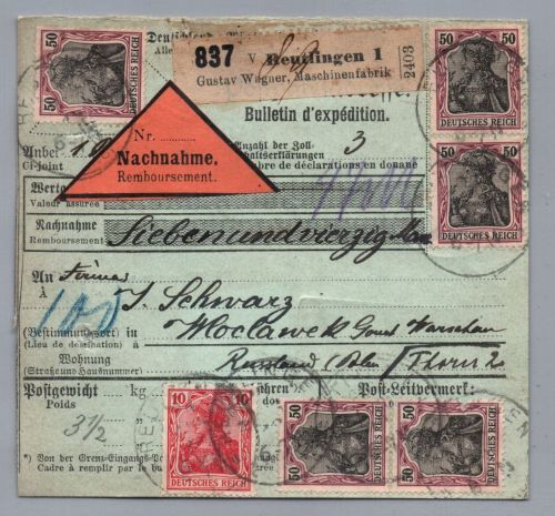 Dt. Reich Nachnahme Auslands Paketkarte Reutlingen nach Russland Polen 1913