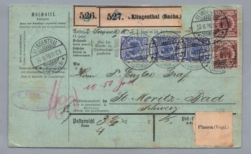 Dt. Reich Auslands Paketkarte 1896 - Klingenthal n. St Moritz Romanshorn Schweiz