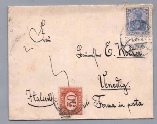 Dt. Reich Auslands Nachporto Brief Germania - Berlin nach Venedig Italien 1905