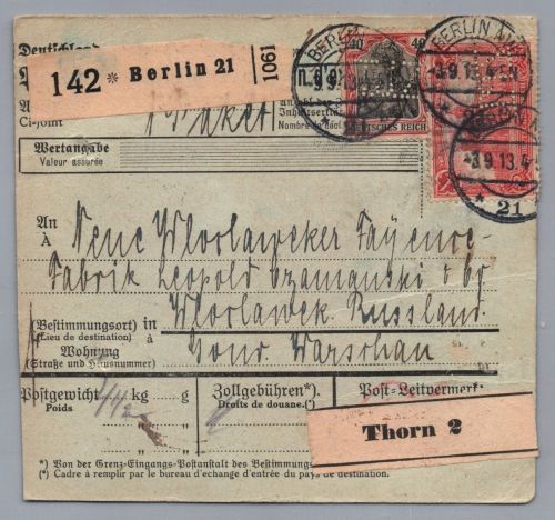 Dt. Reich Auslands Paketkarte Berlin nach Russland / Polen Wloclawek 1913