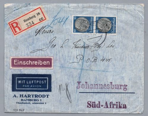 Dt. Reich Luftpost Brief MiNr 527 MeF Hamburg nach Johannesburg Südafrika 1937