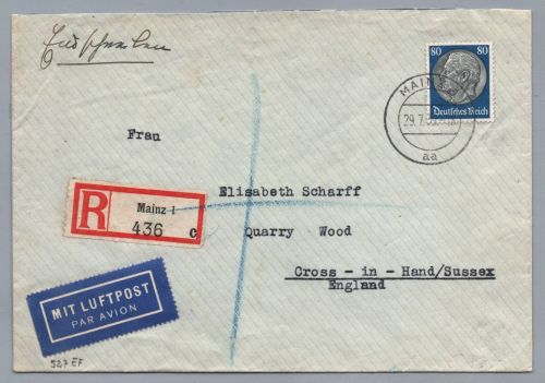 Dt. Reich Luftpost Brief Einschreiben MiNr 527 EF Mainz nach Cross England 1939