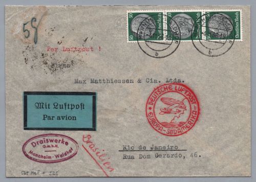 Dt. Reich Luftpost Brief MiNr 525 MeF Mannheim n. Rio de Janeiro Brasilien 1936
