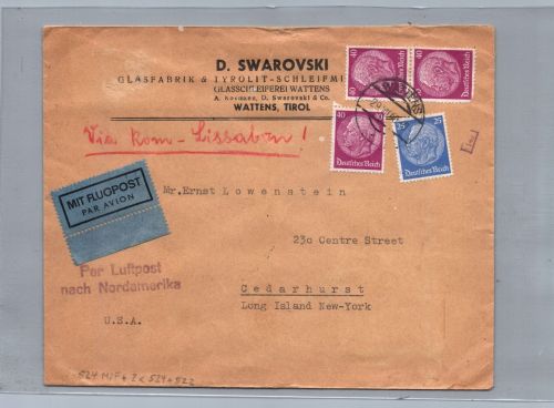Dt. Reich Luftpost Brief MiNr 524 MiF Wattens Tirol Swarovski nach NY USA 1940