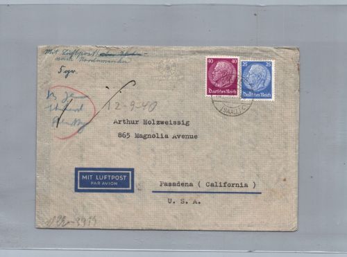 Dt. Reich Auslands Luftpost Brief MiNr 524 MiF Calbe nach Pasadena USA 1940