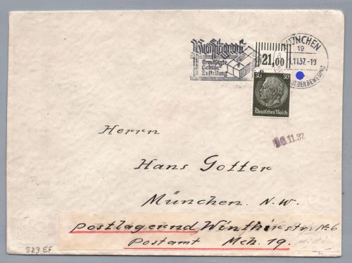 Dt. Reich Brief EF MiNr 523 - postlagernd München 1937