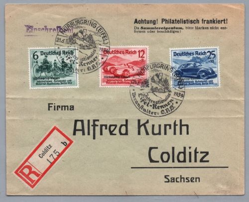DR Brief Einschreiben Nürburgring Eifel Rennen 1939 nach Colditz