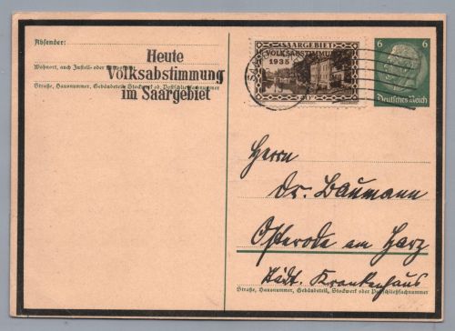 Dt. Reich Postkarte - Volksabstimmung im Saargebiet + SST Saarbrücken 13.1.1935