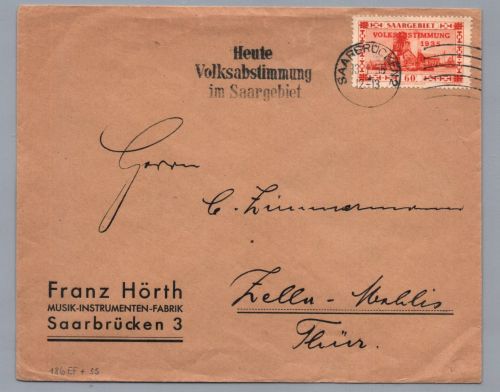 Dt. Reich Brief - Volksabstimmung im Saargebiet + SST Saarbrücken 13.1.1935