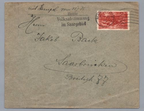 Dt. Reich Brief - Volksabstimmung im Saargebiet + SST Saarbrücken 13.1.1935