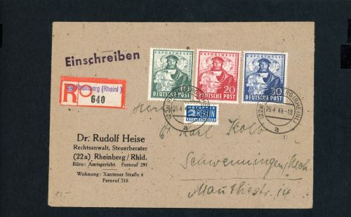 Alliierte Besetzung BiZone Mi.Nr. 103 - 105 Satzbrief Einschreiben Rheinberg