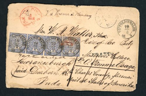 Norddeutscher Bund Mehrfachfrankatur Mi.Nr. 5 , Dippoldiswalde - USA 1868