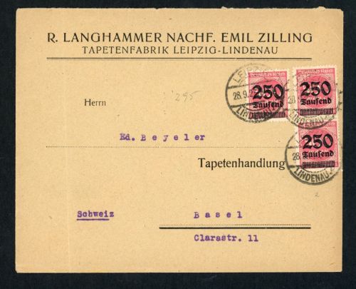 Dt. Reich Infla Mehrfachfrankatur Leipzig Lindenau nach Baseel