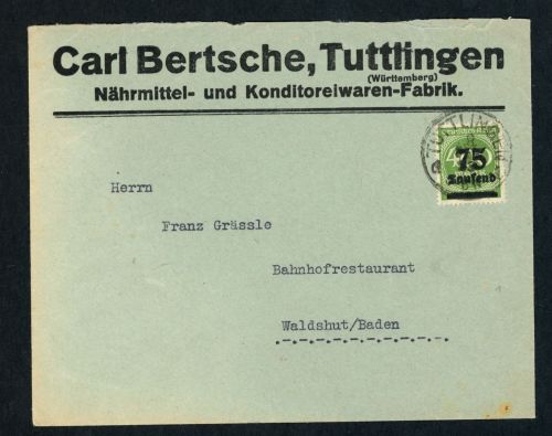 Dt. Reich Infla Einzelfrankatur Tuttlingen nach Waldshut
