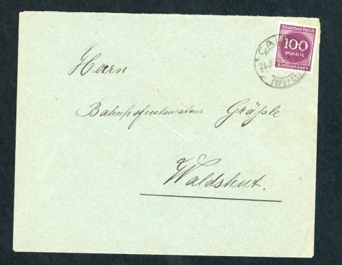Dt. Reich Infla Einzelfrankatur Calw nach. Waldshut