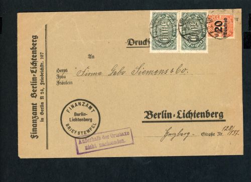 DR Brief Infla Dienst Mischfrankatur Michel Nr. 90 + 256 Berlin 06.09.1923