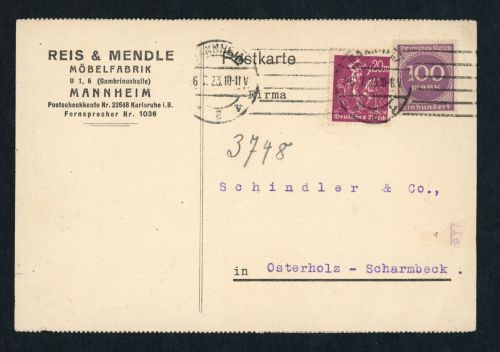 Dt. Reich Infla Mischfrankatur Mannheim nach Osterholz- Scharmbeck