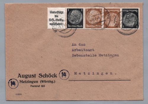 Brief Dt. Reich MiNr S 216 - Metzingen 1944