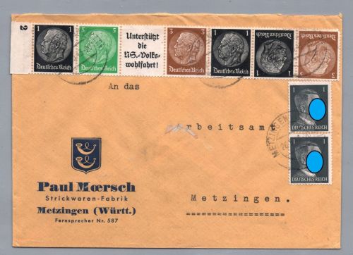 Brief Dt. Reich MH Zusammendruck - Strickwaren Metzingen 1943