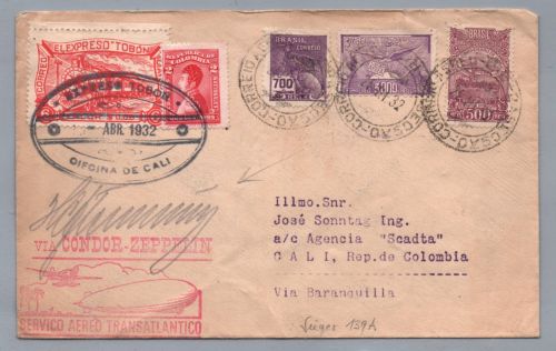 Via Condor Zeppelin Brief 1. Südamerikafahrt Cali Kolumbien 1932 + Unterschrift