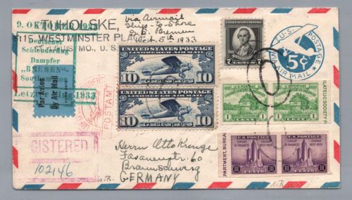 Luftpost Brief Katapult Schleuderflug Dampfer Bremen 1933 - USA Einschreiben