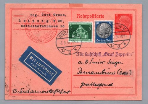 DR Rohrpostkarte MiFr mit 13 . Zeppelin SA Fahrt nach Pernambuco 1936