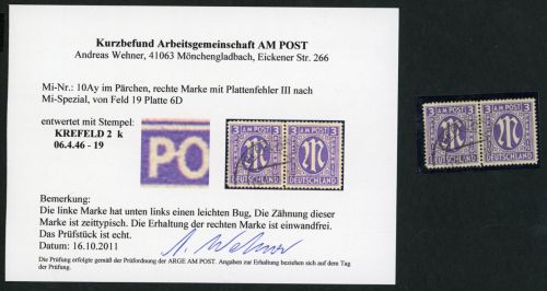 All. Besetzung Bizone AMPost Michel Nr. 10Ay Paar PLF III gestempelt geprüft Arge