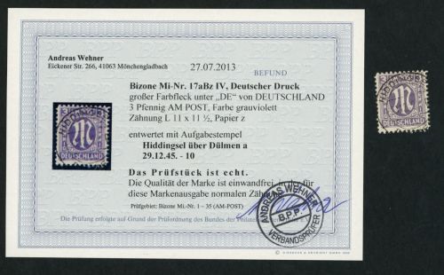 All. Besetzung Bizone AMPost Michel Nr. 17aBz PLF IV gestempelt Befund