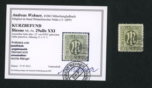 All. Besetzung Bizone AMPost Michel Nr. 29aBz PLF XXI gestempelt Befund