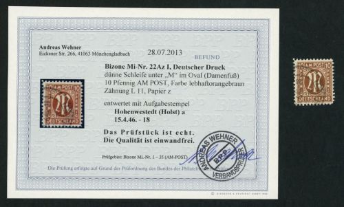 All. Besetzung Bizone AMPost Michel Nr. 22Az PLF I gestempelt Befund