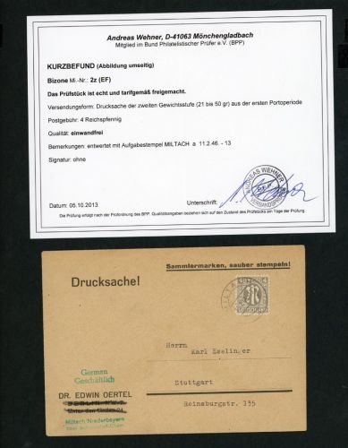 Alliierte Besetzung BiZone AM-Post EF Michel Nr. 2z Miltach - Befund