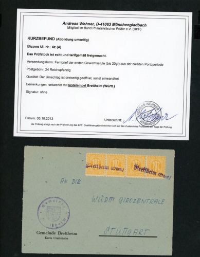 All. Besetzung AM-Post MeFr Michel Nr. 4z Notstempel Brettheim - Befund