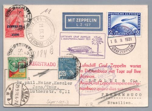 Zeppelin Beleg - 2. Südamerikafahrt 1931 Pernambuco + ZuFr Brasilien 1931