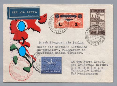 Zeppelin Zwei Länder MiFr Brief DR + Italien - Konsulat Las Palmas 1939